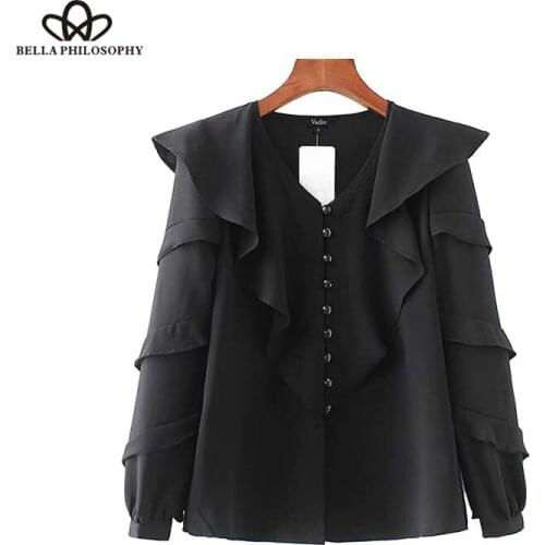 Bella Philosophy women sweet ruffles chiffon blouse V neck long sleeve see through shirt solid ladies casual chic top blusas