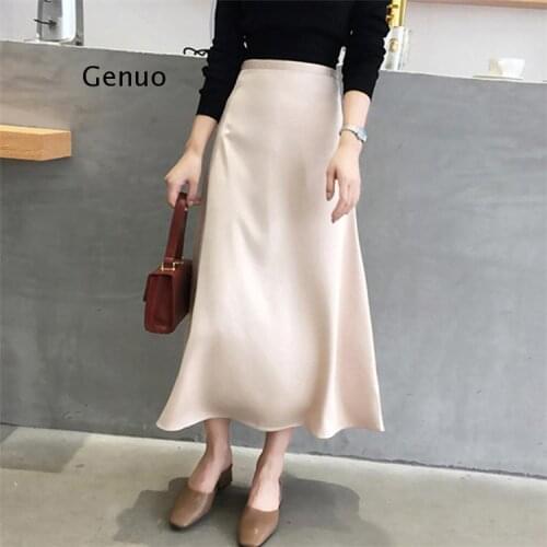 Women Elegant OL Skirt Ladies Glossy Satin Skirt Plain Shiny Fashion Party Office Skirts Solid High Waist Skirts