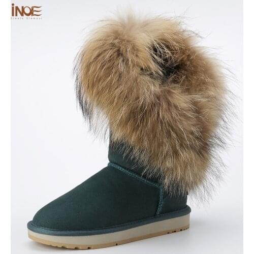 INOE fashion high nature fox fur women winter snow boots real sheepskin leather fur lined winter boots brown black non-slip