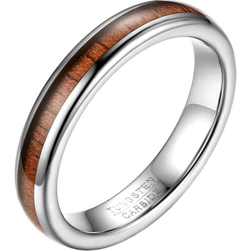 BONISKISS 4mm Womens Tungsten Carbide Ring Real Koa Wood Inlay Domed Polished Silver Color Wedding Ring Band Comfort Fit