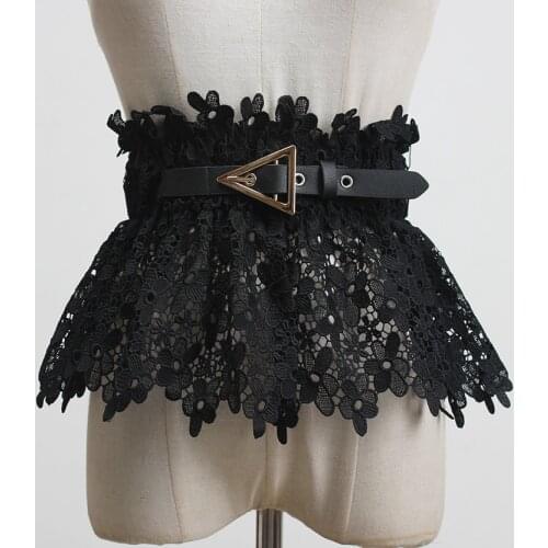 Womens Fashion White Black Elastic Lace Cummerbunds Peplum Belt Buckle Wide Waistband Women Sexy Runway Dress Corsets