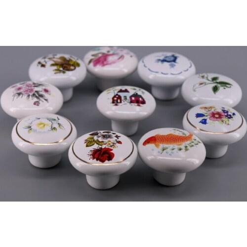 1pcs Flower printed Round Ceramic Kitchen Cabinet Knobs Handles Pastoral Cupboard Drawer Door Knobs Pulls Hardware