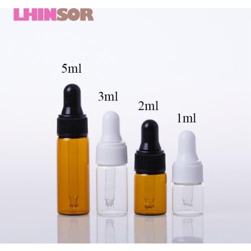 100pcs/lot 1ml 2ml 3ml 5ml Amber/Transparent Thin Glass Bottle Doterra Perfume Essential Oil Bottles Vials with Dropper