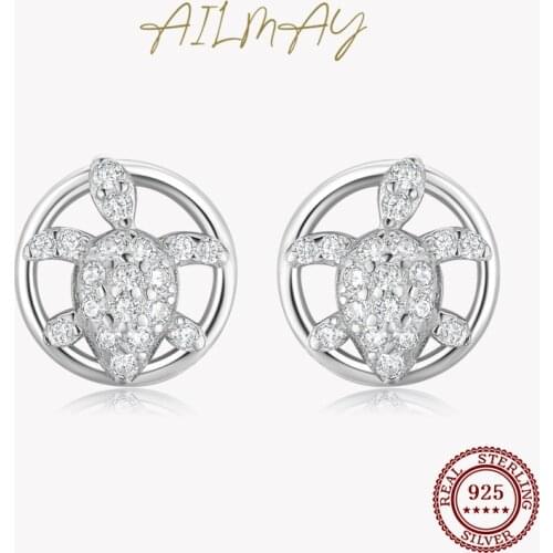 Ailmay 925 Sterling Silver Lovely Sea Turtles Clear Zircon Animal Stud Earrings For Women Minimalist Fine Jewelry 2021 New Style