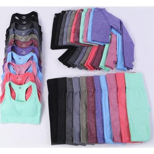 Seamless Yoga Suit 3 Piece Shirts Crop Top Leggings Sport Fitness Tracksuit Workout Set