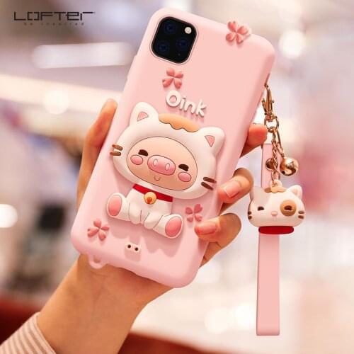 Lofter 3D Cute Cartoon Back Cover Case for iPhone 11 Pro Max/11 Pro/11 Silicone Soft Shockproof Girls with Wrist Strap Pendant