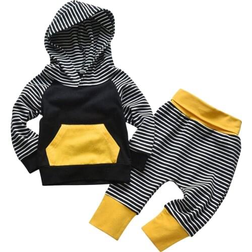 TELOTUNY kids clothes Baby Boy Autumn Clothing Striped Long-sleeved Splice Hoodie Blouse+Sports Trousers Set (0-24) Months