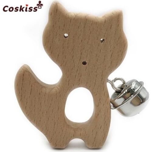 Baby Teether Bells Beech Wooden Fox Natural Handmade Wooden Teether DIY Eco-Friendly Safe Newborns Enlightenment Toys