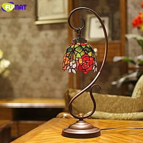 FUMAT Tiffany Table Lamps Stained Glass Shade Bedside Bedroom Lights LED E27 Rose Grape Lily Flower Desk Light Living Room Lamp