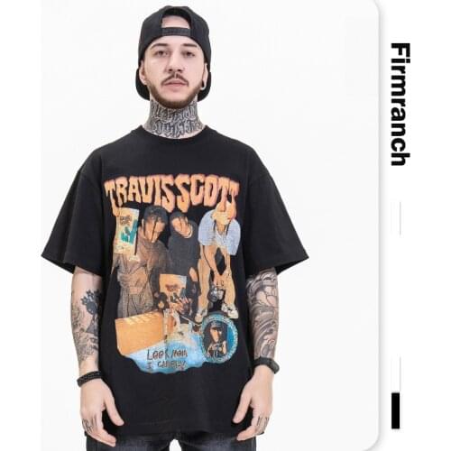 Firmranch 2021 Tee For Men/Women Travis Scott Print Cotton T-shirt Astro World Harajuku Rocky High Street Style Short Sleeve