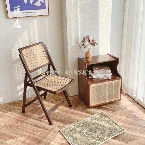 Ins folding chair retro woven solid wood rattan chair homestay net red makeup chair medieval chair simple home dining chair