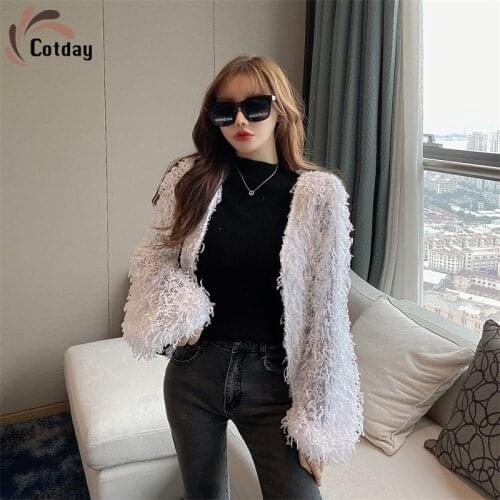 Cotday Reduce Age Hairy Tassels Imitation Fur Cardigan V Neck Single Breasted Winter Women Younger Fashion Slim Faux Fur Coat