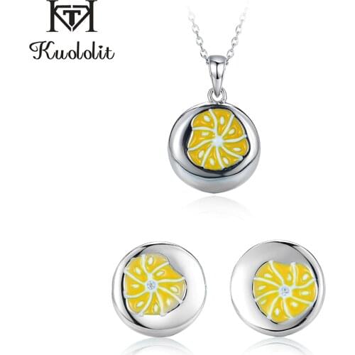Kuololit Enamel Jewelry Set for Girl Kid Solid 925 Sterling Silver Orange Pendant Necklace Earrings set for women Party Gifts