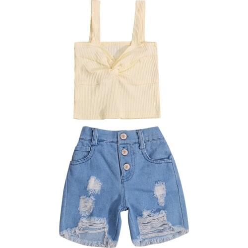 Girl’s Summer Two Piece Set Fashion Solid Color Twisted Suspender Tops and Ripped Short Pants 2-7T