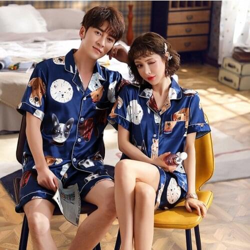 Summer Sleepwear Womens Couple Pajamas Pijamas Women Satin Pyjama Woman Short Sleeve Silk Pyjama Set Home Suit Men Pajamas Set
