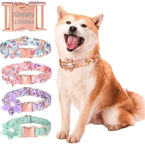 Personalized Nylon Dog Collar Free Engraving Nameplate Floral Printed Customized Pet ID Collars Leash for Small Medium Large Dog