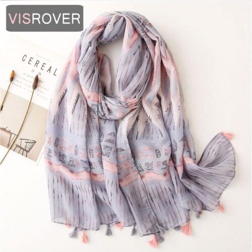 VISROVER 2021 Fashion Summer Small Flower Printing Viscose Scarf With Fringer Purple Wraps Blue Shawls Summer Beach Wholesales