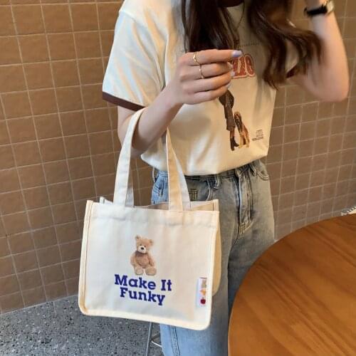 Cute Cartoon Bear Lunch Box Bag Korean Letters Print Shopping Bag Women Beige Canvas Tote Bag Students Schoolbag Ladies Handbag