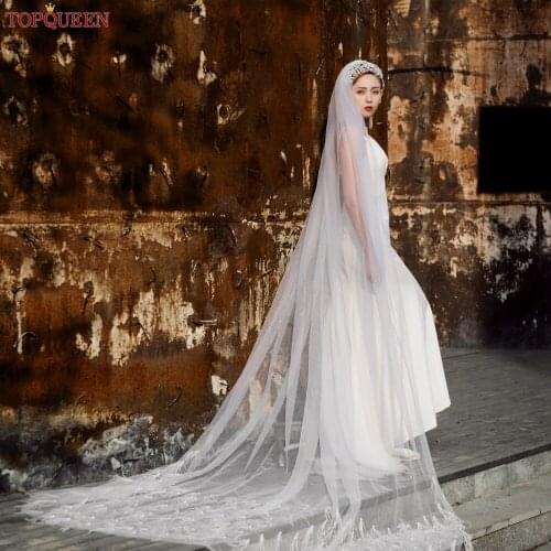 TOPQUEEN V22 Long Beautiful Cathedral Wedding Veil with Feathers white Ivory Handmade Bride Marriage Tulle for Women Hot Sell
