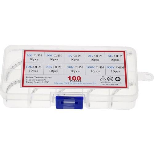 100pcs 3*3 Trimpot Trimmer Potentiometer Kit Box Variable Resistor Kit 100R-500k 3X3 SMD Potentiometer Resistance set