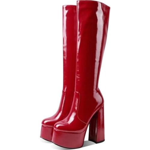 5.7" Womens Ladies Platform Thigh High Knee Boots Block Heel Long Platform Party Shoes Patent Leather Plus Size 3Colors