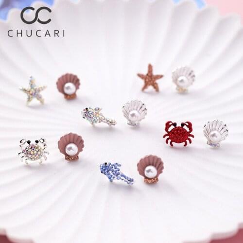 CHUCARI Cute Crab Shell S925 Stud Earrings Ocean Starfish Dolphin Pearl Mini Earring Women Korean Fashion Jewelry Accessories