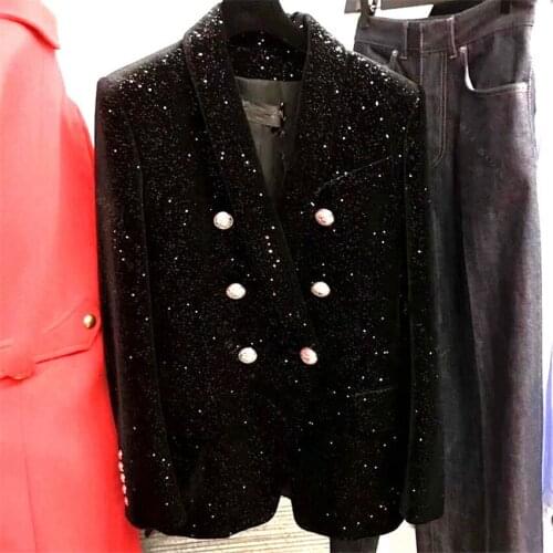 Autumn Two Piece Big Size Vintage Women Double Breast Velvet Blazer + Tank Dress Formal Suits Slim Lady Sequins Blazer Coat 1478