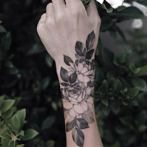1PCS Temporary Tattoo Black Flower Tattoo Sleeves Water Transfer Tatoo Sticker Peony Rose Tattoos Body Art Sexy Tatoo Arm Tatto