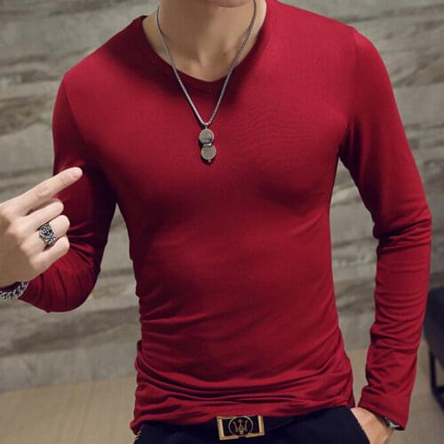 White Solid Color Basic Slim Men T-shirt Spring Autumn Bottoming Men Round Neck V-neck Casual Tops Long-sleeve T-Shirts