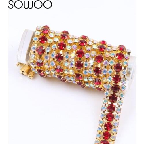 1 yards/lot 3 rows close crystal rhinestone chain with SS8 crystal AB and SS16 Siam back stones in middle gold setting