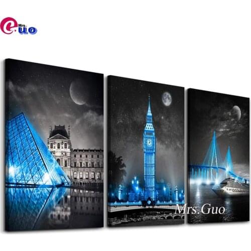 Blue Stylish Building 5d Diamond Painting Triptych Full Square/Round Diamond Embroidery Building Rhinestone Mosaic Wall Decor