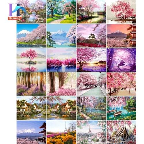 Oil Painting By Numbers Spring Cherry Blossoms Landscape HandPainted Art Gift Scenery Canvas Drawing Home Decor 80*100cm Framed