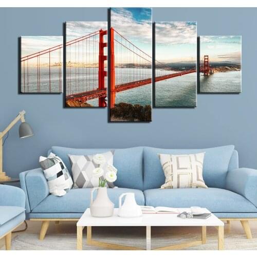 Bridge Landscape Canvas Painting River Five-Piece Poster and Prints Home Decoration Wall Pictures for Living Room Decor Wall Art