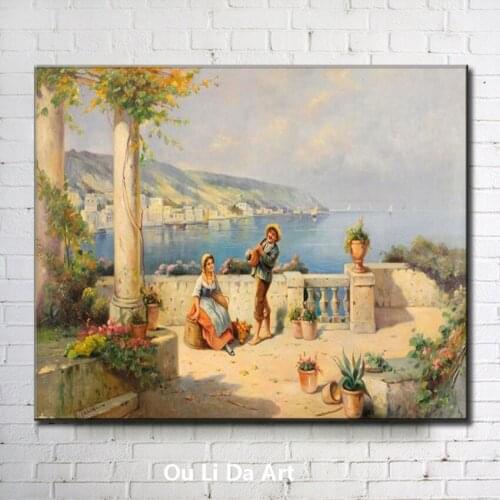 Classical court figures lover flower house seascape oil painting canvas printing printed on canvas wall art decoration picture