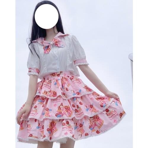 2-Piece Set Kawaii Lolita Dessert Print Dress Cute Cupcake Skirt Summer 2021 New Vintage Girly Pink Bow Top Everyday Lolita Suit