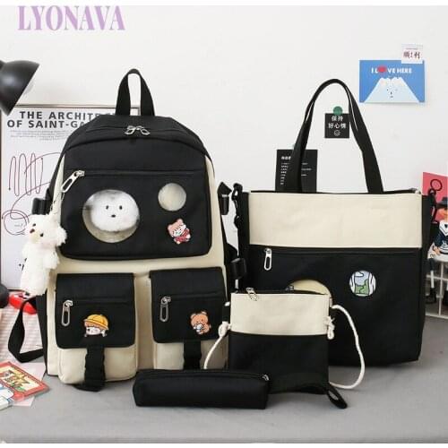 Korean Version Of the Canvas Rucksack Female Fashion Travel Casual School Bag Teenage Girls Mochila Five-Piece Kawaii Backpack