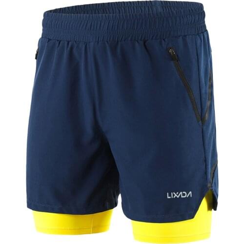 Lixada Mens 2-in-1 Running Sport Shorts Quick Drying Breathable Gym Training Exercise Jogging Cycling Shorts With Longer Liner