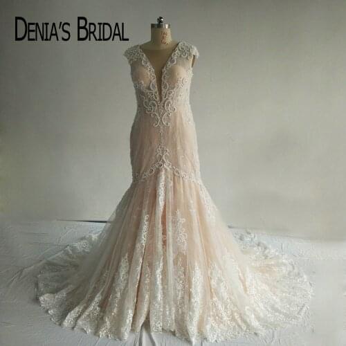 Real Image Champagne Mermaid Wedding Dresses V Neck Application Beaded Court Train Bridal Gowns