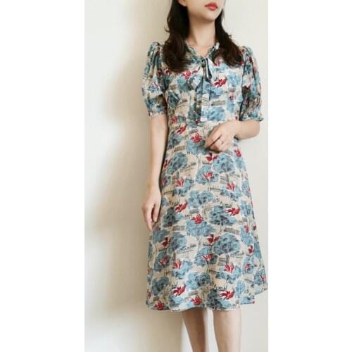 Summer New Silk Floral Print Belt Collar Midi Dress UK8-14 UK Fashion