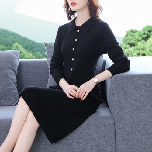 Autumn Winter Turn-down Collar Sweater Dresses Women Basic Warm Black A-line Pleated Maix Dress Female Knitted Clothes