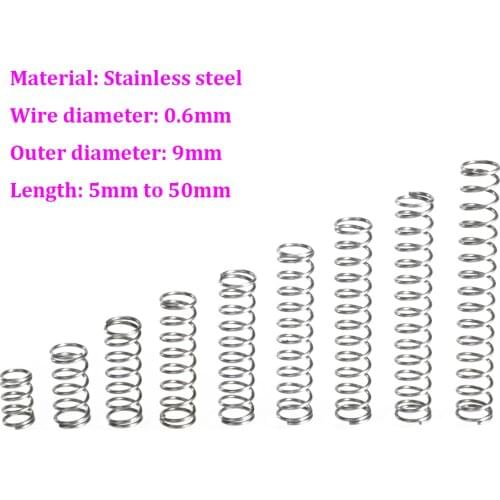 Wire Dia 0.6mm Stainless Steel Compression Spring OD 9mm Pressure Spring Length 5mm - 50mm