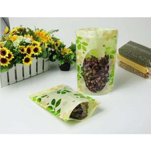 Qi 100Pcs/Lot 10*15cm Fresh Green Zip Lock Plastic Food Packaging Bag With Window Snack Pouches Self Seal Ziplock Package Bags