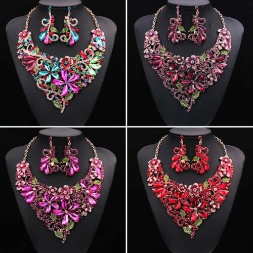 Flower Crystal Statement Necklace Earings Women Nigerian Wedding African Rhinestone Beads Vintage Jewelry Set Bridal Choker Gift