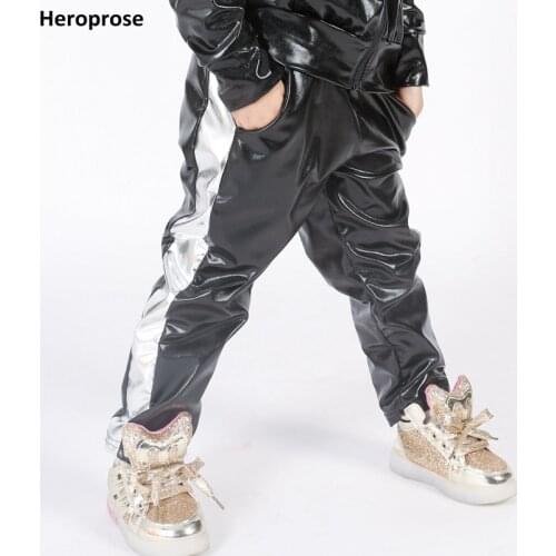 Spring Autumn 2017 Kid Adults Hip Hop Pant Side Silver Patchwork Stage Performance Wear Jazz Show Clothing Dance Harem Trousers