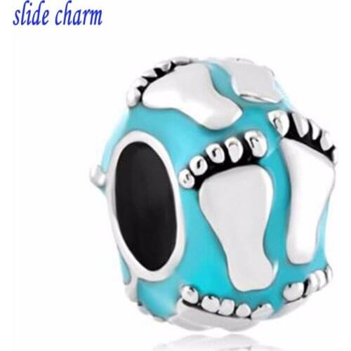 Slide charm Free shipping Childrens charm blue baby footprints fit Pandora bracelet