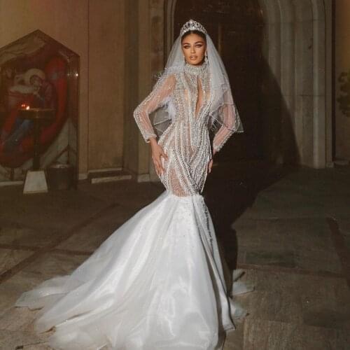 Luxury Beading Tassel Tulle Mermaid Wedding Dress High Neck See Thru Crystals Dubai Bridal Dress Charm Pearls Wedding Gowns