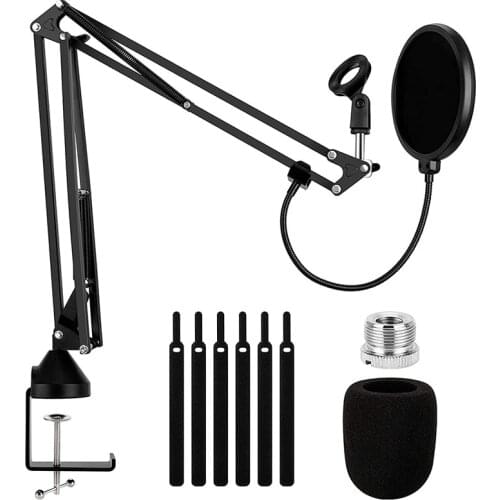 Heavy Duty Microphone Arm Stand, Adjustable Suspension Boom Scissor Mic Stand with Dual Layered Mic Filter