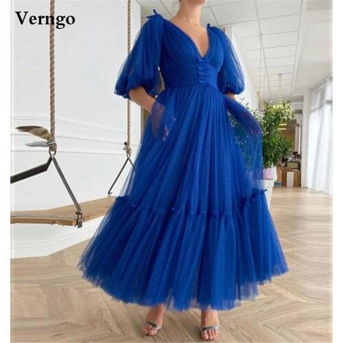 Verngo Cobalt Blue Dotted Tulle A Line Evening Dresses Half Puffy Sleeves V Neck Ankle Length Mother Party Prom Gowns Plus Size