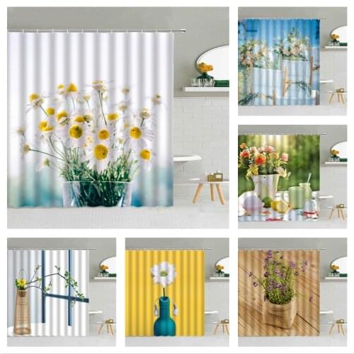 Flowers Shower Curtains Daisy Vase Home Background Wedding Valentines Day Waterproof Bathroom Bathtub Decor Cloth Curtain Set
