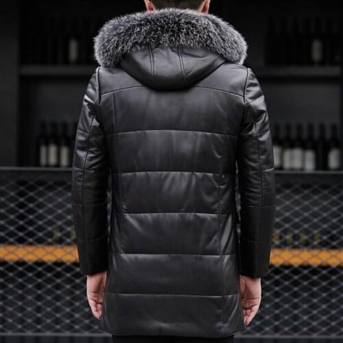 High Quality Winter Mens Real Fox Fur Collar Hoody Long Down Jacket Warm Overcoat Genuine Leather Jacket Business Slim Fit Coat